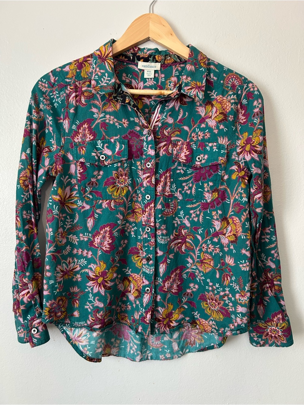 Sundance PXS 100% Cotton Teal Floral Button Down Boho Shirt
